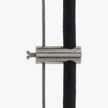 Suspension Cable Place Holder Fitting - Polished Nickel. This fitting has a locking set screw that will set onto the steel cable and keep the power cord in place.