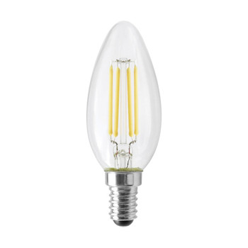 A filament style LED with the look and feel of a traditional incandescent lamp. The torpedo shape lamp has a European E14 base and a color temperature of 3000K. A 4.5-watt LED, but is equivalent to a 40-watt incandescent. Additional features include being dimmable and suitable for use in enclosed fixtures.