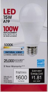 15 Watt; A19 LED; Frosted; 5000K; Medium base; 220 deg. Beam Angle; 120 Volt