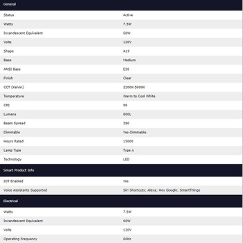 7.5 Watt; A19 LED; Tunable White; Clear; Starfish IOT; 120 Volt; 800 Lumens; T20