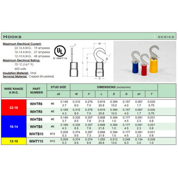 #6 Stud Size 22-16 Wire Gauge Red Crimp On Hook Terminal