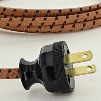 12ft. Metallic Copper/Black Tracer Cloth Covered SPT-2 Wire Lamp Cords with Antique Style Plug. (10FT BRAIDED 2FT BARE 1-1/2 SPLIT 3/4 STRIPPED W/ TIPS SOLDERED).