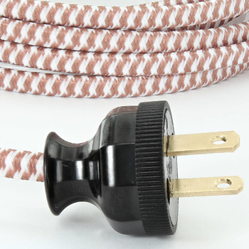 12ft. Long 18/2 SPT-2-B Metallic Copper/White Houndstooth Cloth Braided Wire Lamp Cord Set with Decorative Plug. (10FT BRAIDED 2FT BARE 1-1/2 SPLIT 3/4 STRIPPED W/ TIPS SOLDERED).