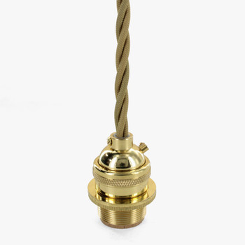 Polished Brass E-26 Base Keyless Lamp Socket Pre-Wired with 6Ft Long 18/3 Gold Twisted Style Nylon Overbraid. Polished Brass E-26 Base Keyless Lamp Socket Pre-Wired with 6Ft Long 18/3 Gold Twisted Style Nylon Overbraid.