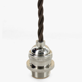 Polished Nickel E-26 Base Keyless Lamp Socket Pre-Wired with 6Ft Long 18/3 Brown Twisted Style Nylon Overbraid Pendant Wire. Polished Nickel E-26 Base Keyless Lamp Socket Pre-Wired with 6Ft Long 18/3 Brown Twisted Style Nylon Overbraid Pendant Wire.