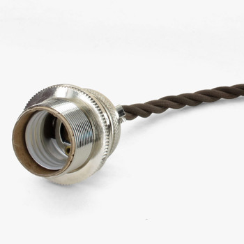 Polished Nickel E-26 Base Keyless Lamp Socket Pre-Wired with 6Ft Long 18/3 Brown Twisted Style Nylon Overbraid Pendant Wire. Polished Nickel E-26 Base Keyless Lamp Socket Pre-Wired with 6Ft Long 18/3 Brown Twisted Style Nylon Overbraid Pendant Wire.
