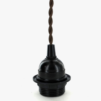 Black E-26 Threaded Skirt Lamp Socket Wired with 6ft Long Brown Twisted Cloth Covered SPT-1 Type Wire Black E-26 Threaded Skirt Lamp Socket Wired with 6ft Long Brown Twisted Cloth Covered SPT-1 Type Wire