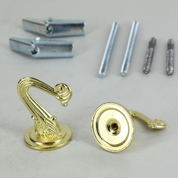 Two Sets - Light Duty Swag Hook Kit with Studs, Hanger Bolt, and Wing Nut - Brass Plated Finish