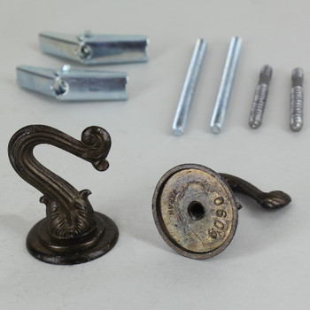 Two Sets - Light Duty Swag Hook Kit with Studs, Hanger Bolt, and Wing Nut - Antique Brass Finish