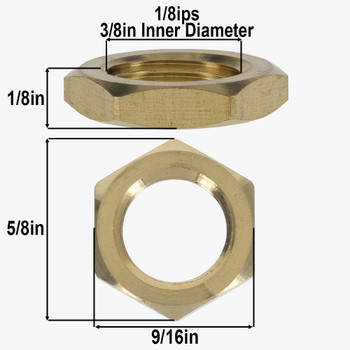 1/8ips - 5/8in Diameter x 1/8in H - Brass Hex Head Nut - Unfinished Brass