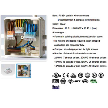 Clear 4 Pole Push In Wire Connector For use with solid and flexible/stranded wire.