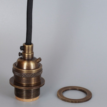 Antique Brass Metal E-26 Base Keyless Lamp Socket Pre-Wired with 6Ft Long Black Nylon Overbraid