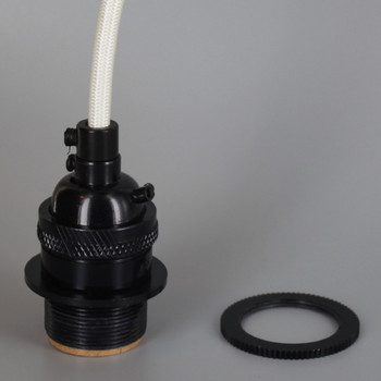 Black Metal E-26 Base Keyless Lamp Socket Pre-Wired with 6Ft Long White Nylon Overbraid