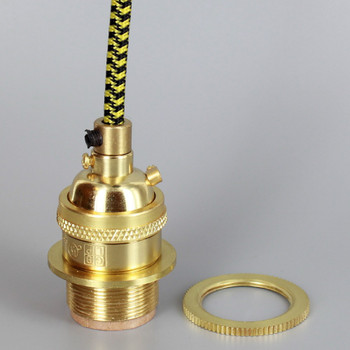 Polished Brass Metal E-26 Base Keyless Lamp Socket Pre-Wired with 6Ft BLACK/Yellow Nylon Overbraid