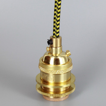 Polished Brass Metal E-26 Base Keyless Lamp Socket Pre-Wired with 6Ft BLACK/Yellow Nylon Overbraid