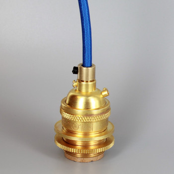 Unfinished Brass Metal E-26 Base Keyless Lamp Socket Pre-Wired with 6Ft Long Blue Nylon Overbraid