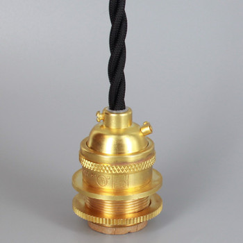 Unfinished Brass E-26 Base Keyless Lamp Socket Pre-Wired with 6Ft Twisted  Black Nylon Overbraid