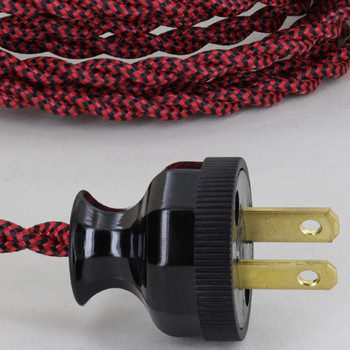 12ft. Black/Red Zig Zag Pattern Twisted Two Conductor Wire Cordset with Antique Style Plug