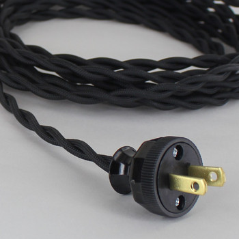8ft Long Black Twisted 18/2 SPT-2 Type UL Listed Powercord WITH BLACK PHENOLIC PLUG