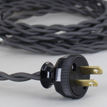 8ft Long Gray Twisted 18/2 SPT-2 Type UL Listed Powercord WITH BLACK PHENOLIC PLUG