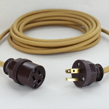 15ft Long Golden Grass Cloth Covered Decorative Extension Cord with NEMA 15-5P Plug and Outlet.
