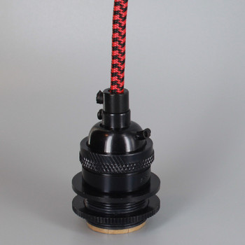 Black Finish Metal E-26 Base Keyless Lamp Socket Pre-Wired with 6Ft Long BLACK/RED Nylon Overbraid