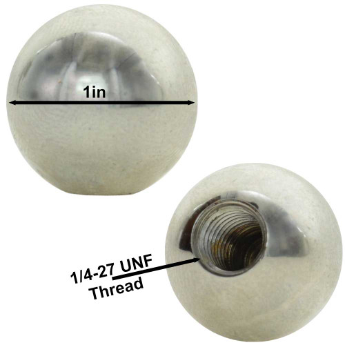 1/4-27 UNS Female Threaded - 1in Diameter Brass Ball - Polished Nickel Finish. Female Tapped Blind Hole. Fits a Harp!