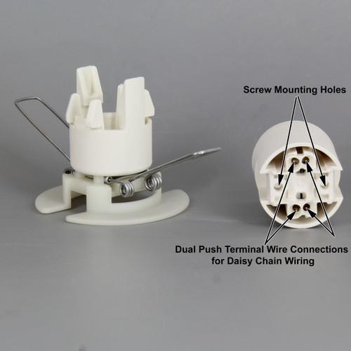 E-12 White Thermoplastic Lamp Socket with Snap in Spring Clips.