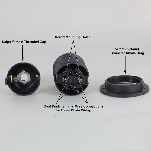 E-12 Black Fully Threaded Skirt Thermoplastic Lamp Socket Shade Ring and 1/8ips Threaded Cap