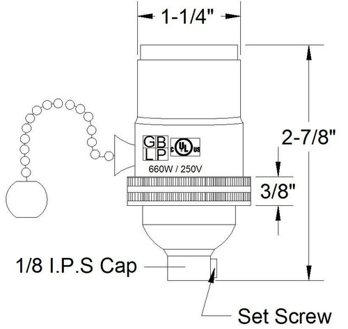 E-26 1-Way Pull Chain Switch Lamp Socket - Satin Nickel Finish