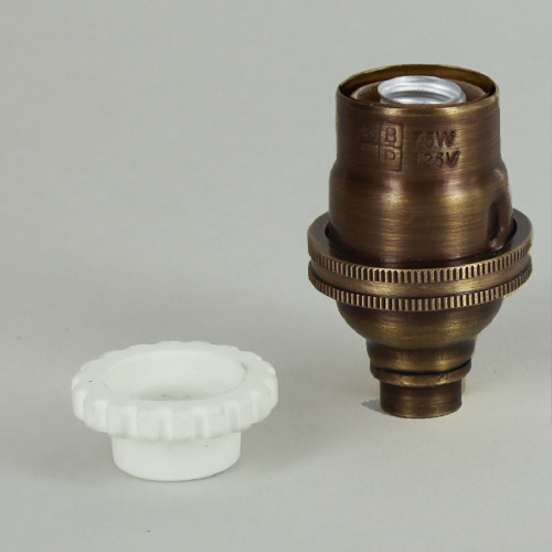 E-12 Socket with Porcelain Interior and Captive Ring - Antique Brass Finish