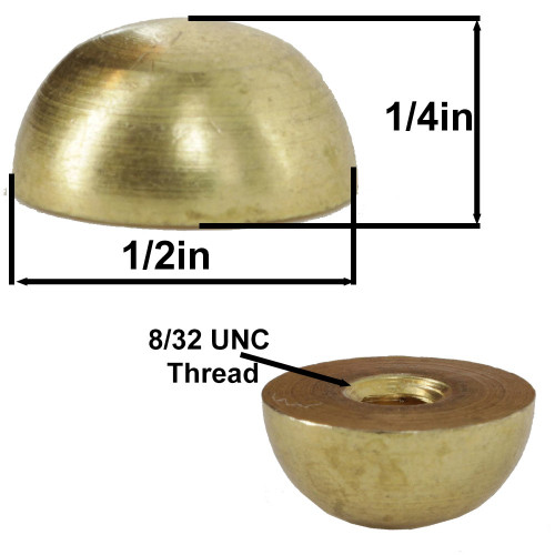 1/2in Diameter Brass Half Ball with 8/32 UNC Female Threaded Tapped Blind Hole - Unfinished Brass