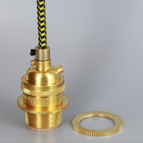 Unfinished Brass E-26 Base Keyless Lamp Socket Pre-Wired with 6Ft Black/Yellow Nylon Overbraid