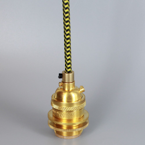 Unfinished Brass E-26 Base Keyless Lamp Socket Pre-Wired with 6Ft Black/Yellow Nylon Overbraid