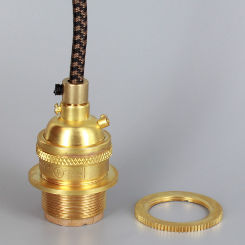 Unfinished Brass E-26 Base Keyless Lamp Socket Pre-Wired with 6Ft Black/Brown Nylon Overbraid