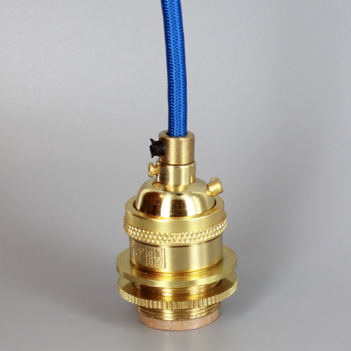Polished Brass Metal E-26 Base Keyless Lamp Socket Pre-Wired with 6Ft Long Blue Nylon Overbraid