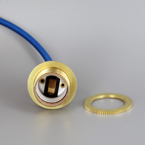 Polished Brass Metal E-26 Base Keyless Lamp Socket Pre-Wired with 6Ft Long Blue Nylon Overbraid