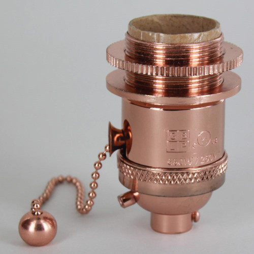 Polished Copper Uno Threaded Pullchain Switch Socket Includes Knurled and Smooth Shade Ring