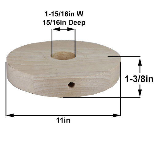 11in Diameter Plain Straight Edge Unfinished Wood Base with Recessed Bottom Hole and Wire Exit.