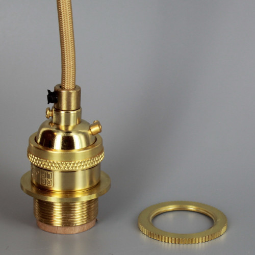 Polished Brass Metal E-26 Base Keyless Lamp Socket Pre-Wired with 10Ft Long Gold Nylon Overbraid.