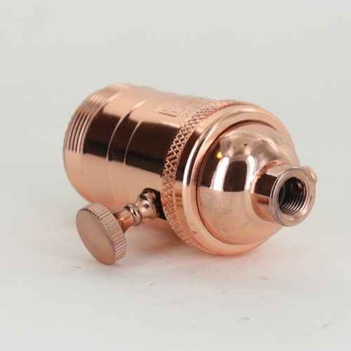Copper Plated Finish Cast Brass Uno Thread Turn Knob 3-Way Socket with 1/8ips. Bushing and Set Screw. 2 Circuit. Rated 250W 250V. Uses Three Way Bulbs.