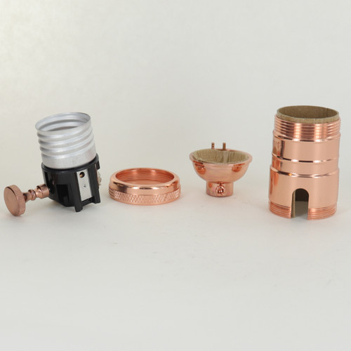 Copper Plated Finish Cast Brass Uno Thread Turn Knob 3-Way Socket with 1/8ips. Bushing and Set Screw. 2 Circuit. Rated 250W 250V. Uses Three Way Bulbs.