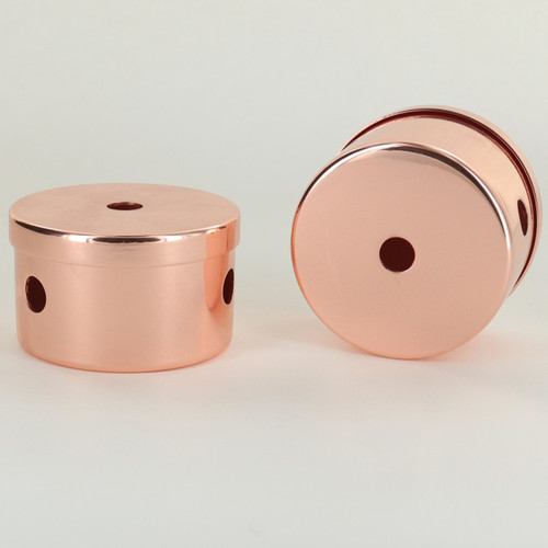 Polished Copper Finish 2-1/2in Diameter X 1-1/2in Height 3 Side Hole Steel Body with 1/8ips (7/16in) Slip Through Bottom Hole.