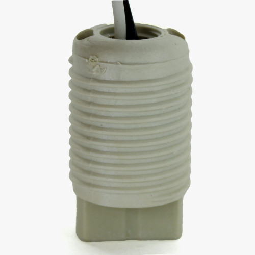 G-9 Lamp Base Porcelain Lamp Socket with Threaded Body Skirt and 1/8ips Hickey. Pre-wired with 18 Gauge FEP 250Deg Wire Leads.