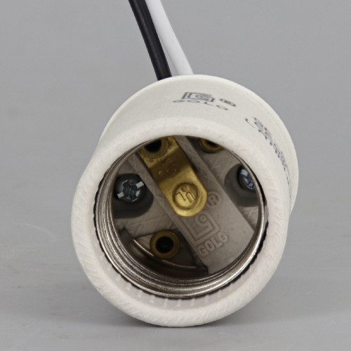 E-26 Porcelain Pre-Wired Lamp Socket With Low Profile 1/8ips Threaded Removeable Cap and 36in Long 18 AWG Wire Leads.