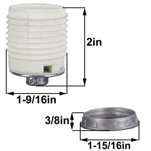 E-26 Grounded Porcelain Threaded Skirt Lamp Socket with 1/8ips Threaded Cap and Die-Cast Metal Shade Ring.