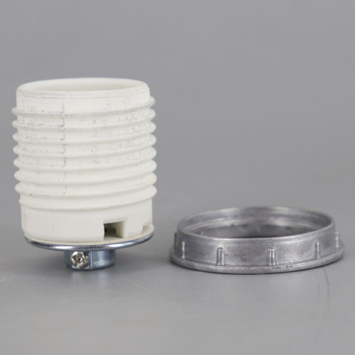 E-26 Grounded Porcelain Threaded Skirt Lamp Socket with 1/8ips Threaded Cap and Die-Cast Metal Shade Ring.