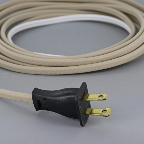 15ft Long 18/2 SPT-2 Beige Cloth Covered Powercord with NEMA 1-15P Molded Plug. UL Listed. Made in the USA.