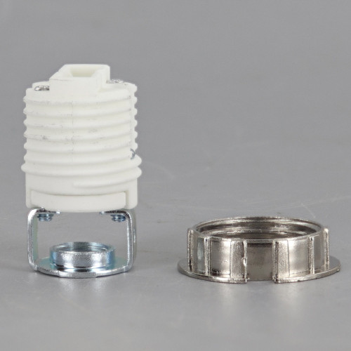 G9 Base Threaded Skirt Porcelain Push-In Wire Terminal Lamp Socket with 1/8ips Threaded Hickey and Metal Zinc Alloy Shade Ring. cUR Listed File# E110882, CE Approved.