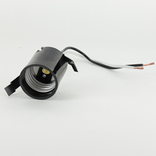 Black E-26 Base Phenolic Snap in Socket with Top Rim and 9 inch Long 18/1 Wire Leads. Lamp Socket Rated Maximum 660W-250V.